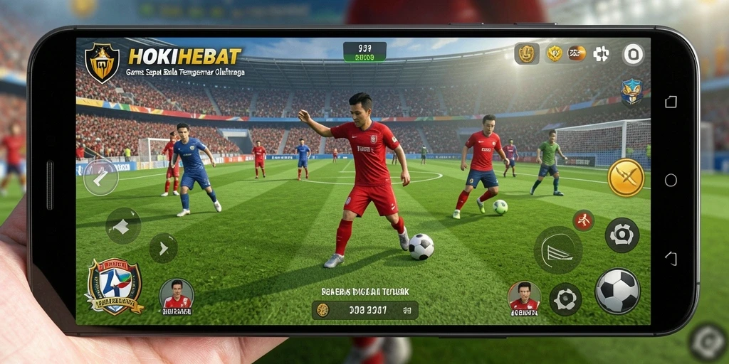 Screenshot gameplay HOKIHEBAT menunjukkan aksi seru dalam pertandingan sepak bola.